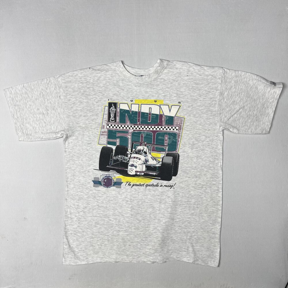 Vintage 1995 Logo Athletic Shirt Mens XL Gray Indy 500 Racing Car Graphic Tee